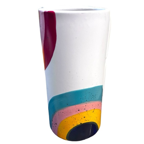 Double Handle Tall Colorful Rainbow Mug Vase Pottery Artsy Fun Unique Quirky 8” - Picture 4 of 8